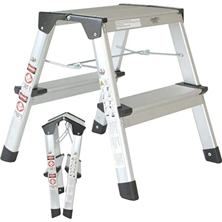 Alu Trittleiter zusammenklappbar | 2 Stufen | 41 cm Höhe | Leichter Klapptritt, Tritthocker | klein und kompakt | mit rutschfesten Füßen | belastbar bis 150 kg | Haushaltsleiter