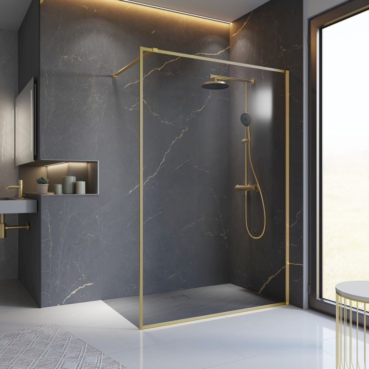 Schulte Walk-In-Duschwand 'Trend 2.0' Goldoptik 140 x 200 cm, Echtglasscheibe, barrierefreier Einstieg, pflegeleicht