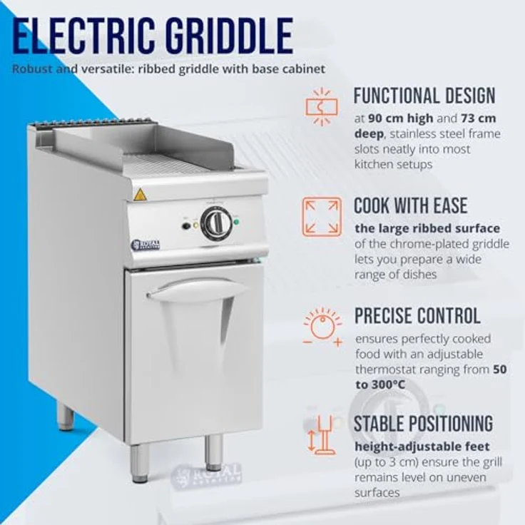 Royal Catering Elektro-Grillplatte mit Unterschrank Pro 730 Series 5,4 kW - Grillplatte aus Chromstahl, geriffelt, 40 x 70 x 90 cm, Spritzschutz, Griddleplatte – Bild 3