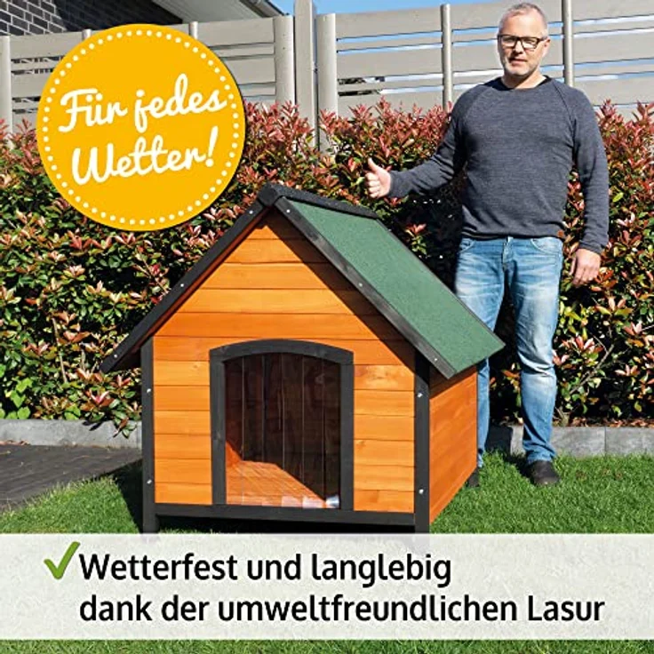 zooprinz Premium Hundehütte Luna - aus wetterfestem Vollholz, Dach zum Öffnen und Lamellentür - ideal für draußen - mit natürlicher Farbe gestrichen - Hundehaus Hundehütte XL, braun-schwarz – Bild 5