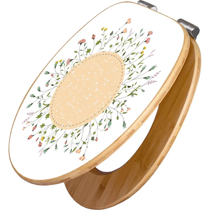 Banjado Bambus Holz WC Sitz, Toilettendeckel mit Absenkautomatik, Soft Close, Motiv Hibiskus Kreis, 45,8x37,5cm