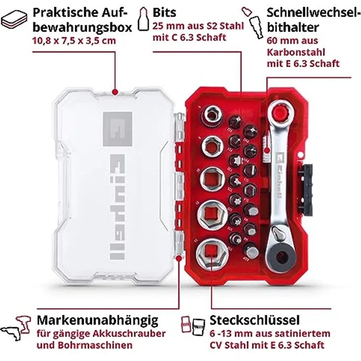 Einhell Bohrer- und Bitset 118683, 21-tlg. Set mit robusten S2 Stahl Bits, Schnellwechselbithalter und Aufbewahrungsbox – Bild 4