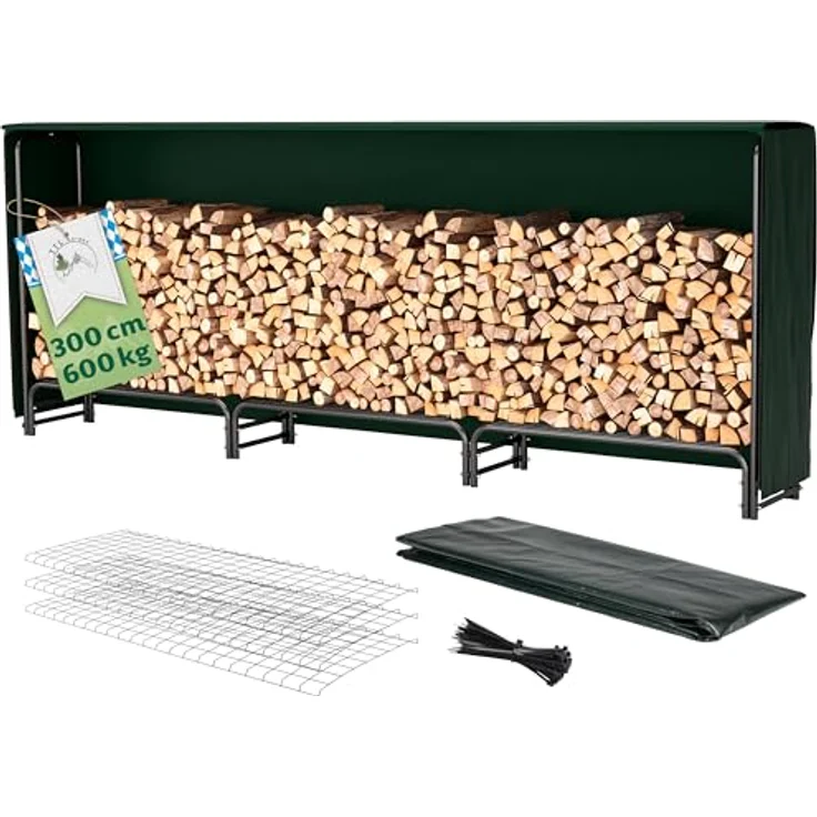 TTL GARDEN Kaminholzregal L 300x36x116cm, schwarz, wetterfeste Schutzplane, rostfreier Stahl, bis 600kg Holz, für innen und außen – Bild 1