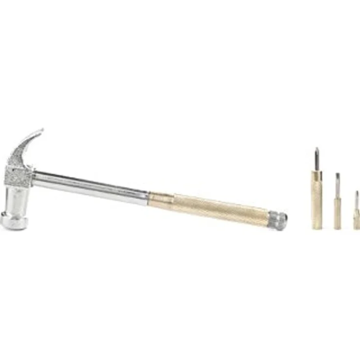 Kikkerland CD111 Praktischer Hammer, 6-in-1 Schraubendreher Set, vernickelter Krallenhammerkopf, Messinggriff – Bild 1