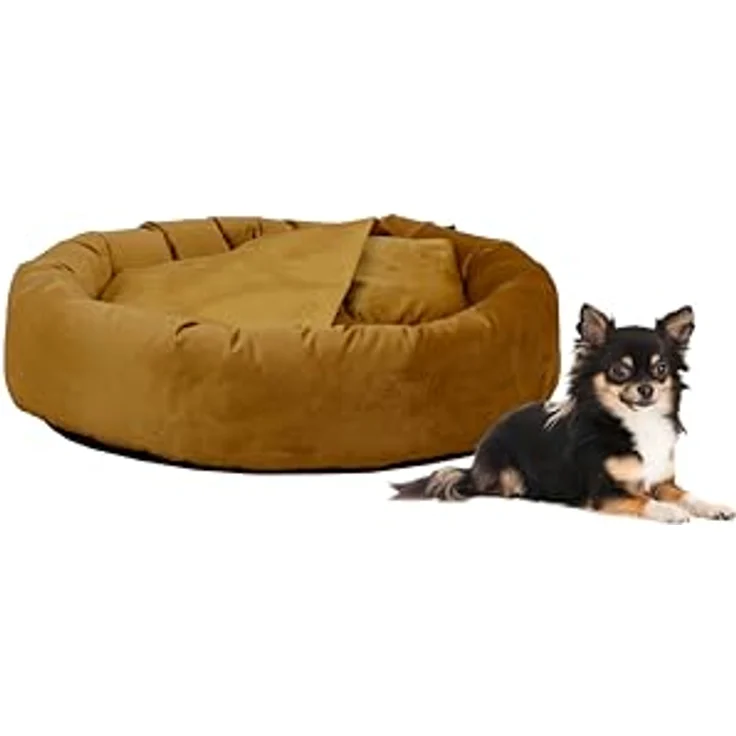Rohrschneider Hundekissen Kuschelhöhle Denver Samt Hundebett weich mit Gassibeutel Ø 50 cm (S, Senf) – Bild 2
