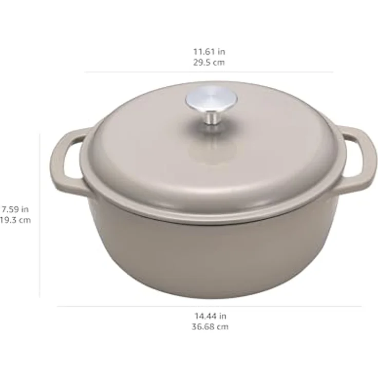Amazon Basics Rundschmortopf, 6,9 L emailliertes Gusseisen mit Deckel, Leinengrau, für Braten und Backen, Ofenfest bis 260°C – Bild 4