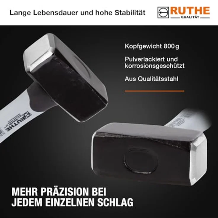 Ruthe Hammer RUTHE Fäustel 800 gr. Fiberglasstiel DIN 6475, mit grau/schwarzem ergonomischen 3-Komponenten-Griff – Bild 4