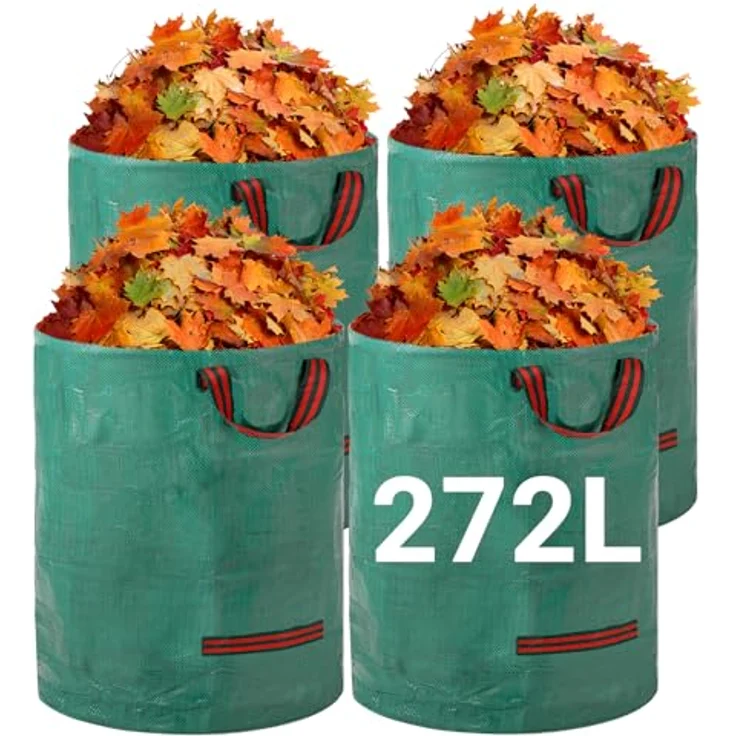 Velway Gartensack 4x272L, Stabiler Gartenabfallsack mit 4 Griffen, Wasserdicht und Wiederverwendbar, Faltbar für Grünschnitt und Laub – Bild 1