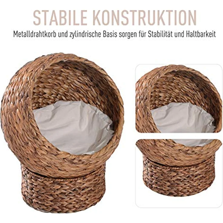 Pawhut Rattan Katzenkorb Katzenhöhle Katzenhütte Katzenbett mit Kissen Haustierbett Wasserhyazinthe Hellbraun 42 x 33 x 52 cm – Bild 4