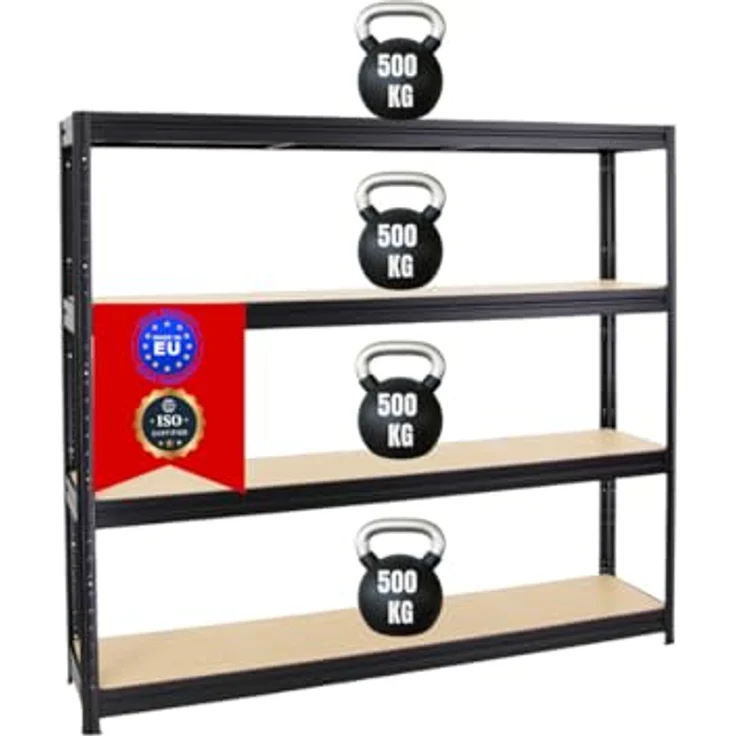 Proregal Schwerlastregal DINO, 180 x 200 x 45 cm, Traglast 500 kg pro Boden, 4 verstellbare Böden, Schwarz – Bild 1