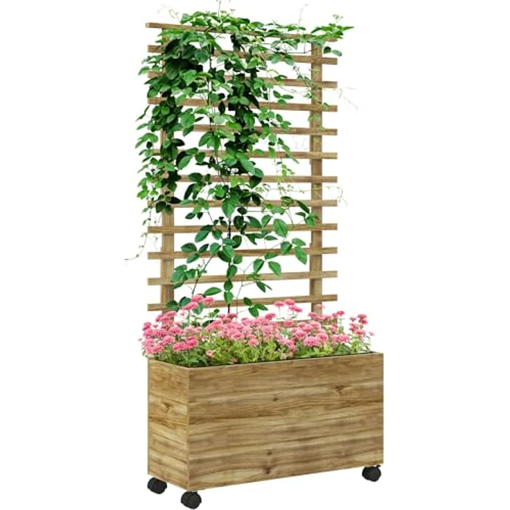 Outsunny Hochbeet Pflanzkasten mit Rankgitter, 76x30x155cm, Holz, mobil mit 4 Rollen, ideal für Kletterpflanzen und Blumen – Bild 1