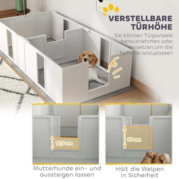 PawHut Wurfkiste für Welpen, Welpenauslauf mit rutschfeste Bodenschoner, Verstellbare Tür, Welpenlaufstall aus Holz, 196 x 96 x 48 cm, Weiß – Bild 3