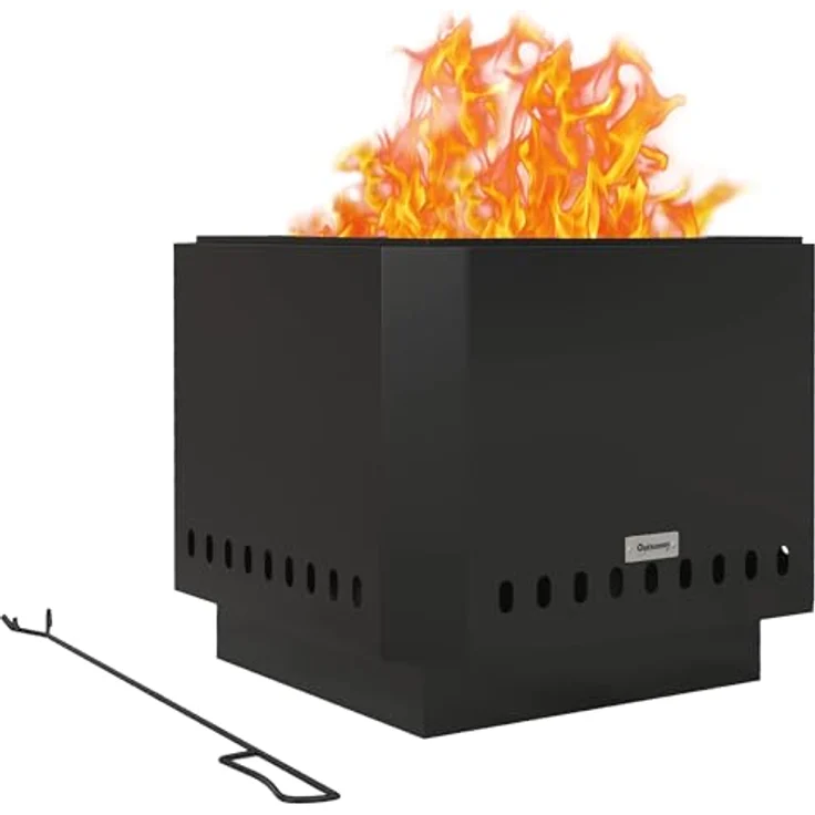 Outsunny Feuerschale, quadratischer rauchfreier Feuerkorb mit Schürhaken, Tischfeuer für Garten, Camping, Terrasse, Metall, Schwarz – Bild 1