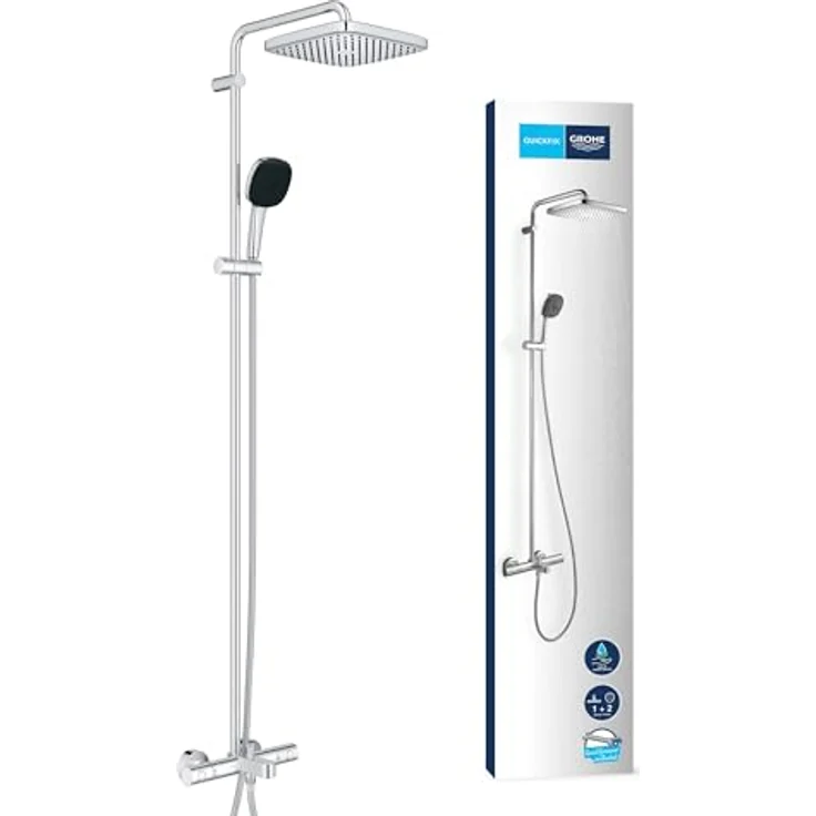 GROHE Vitalio 250 Duschsystem mit Badewannenarmatur, wassersparend 8 l/min, Regendusche, schwenkbare Kopfbrause, Thermostat mit Sicherheitssperre bei 38°C, eckig, chrom, 26984001 – Bild 1
