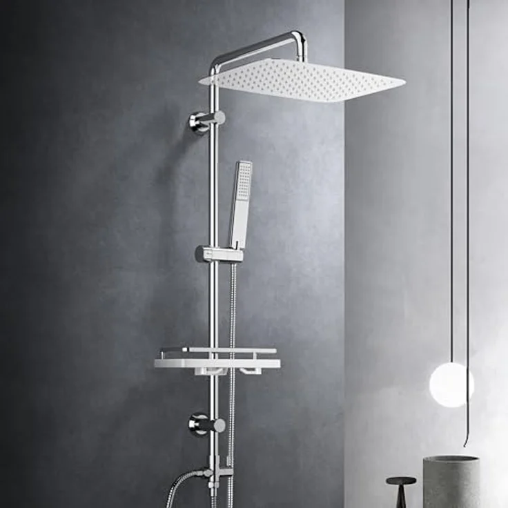 Görbach Edelstahl Duschset Regendusche Duschsystem ohne Armatur, XXL Kopfbrause 35x25 cm, verstellbare Duschstange und Duschablage Chrom – Bild 1
