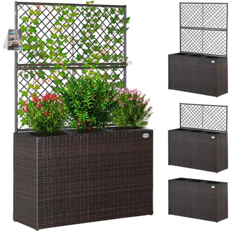 Casaria Spalier, Blumenkasten Rankgitter 3 Innentöpfe Polyrattangeflecht Rankhilfe, wetterfest, UV-Lichtbeständig, schwarz/creme – Bild 2