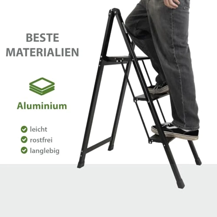 TRUTZHOLM Alu Trittleiter 2-stufig klappbar, bis 150 kg Traglast, Aluminium Silber, TÜV/GS zertifiziert, rutschfeste Trittflächen, 4,2 kg leicht, platzsparend 5 cm schmal – Bild 2