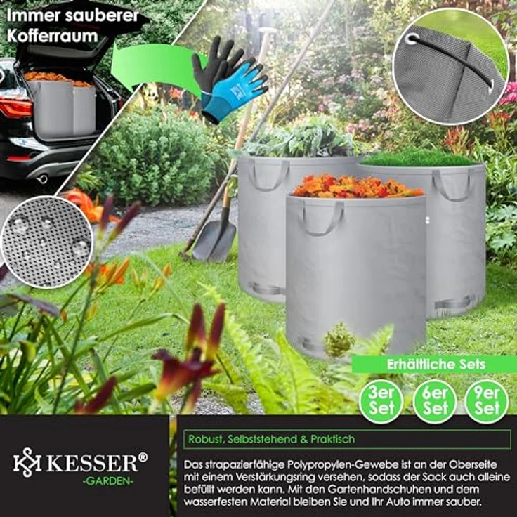 KESSER® Gartensack 3x 272L Set Laubsack Gartenabfallsack inkl. Handschuhe - Selbststehend 4 Griffe Stabil Robust & Faltbar - Laubsäcke Rasenschnitt Gartensäcke für Gartenabfälle Grünschnitt Grau – Bild 4