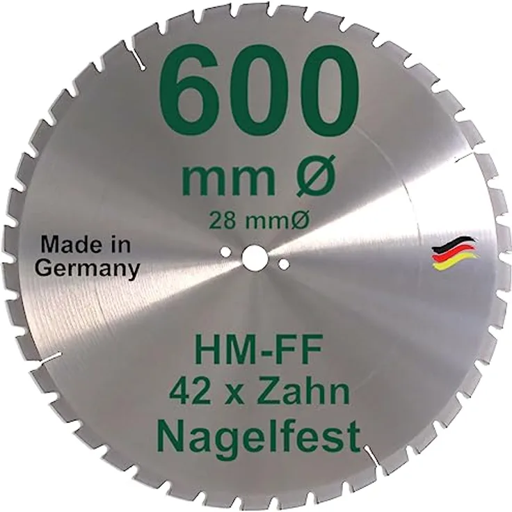 HM Sägeblatt 600 x 28 mm NAGELFEST FF Hartmetall FSP Kreissägeblatt 600mm für Bauholz Brennholz Schalholz Leimholz zum Sägen mit Wippsäge Tischkreissäge Kreissäge Kappsäge Brennholzsäge Tischsäge