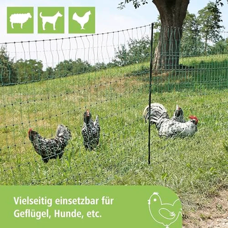 Kerbl Hobbyfarming PoultryNet, Geflügelnetz 106cm x 25m, stromlos, grün, 8 Pfähle, ideal für Hühner, Gänse und Puten, 3 Jahre UV-Stabilität – Bild 4