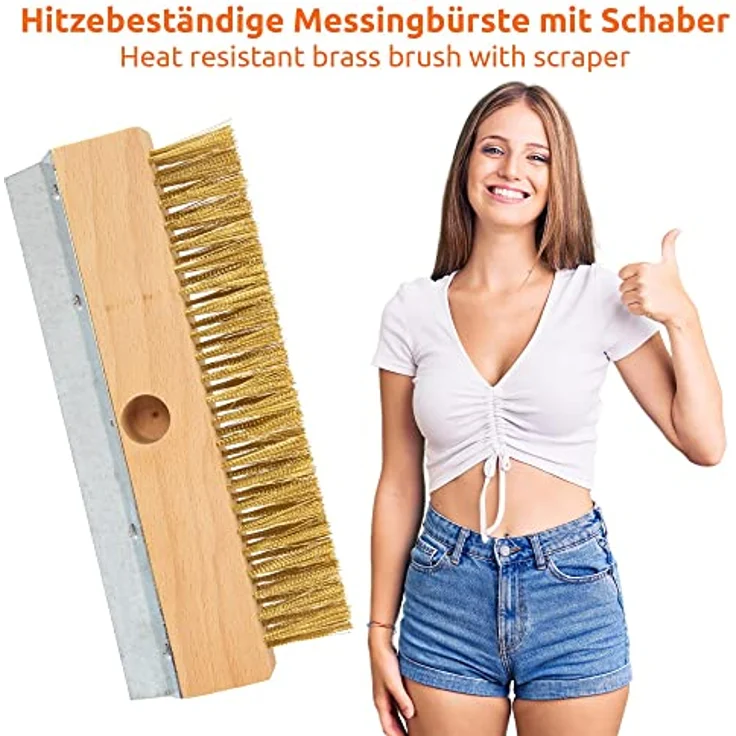 ECENCE Drahtbürste mit Messingborsten gewellt, Reinigung Pizzaofen, Holzbackofen, Räucherofen, Handbürste zum Entfernen von Ruß, Schmutz, Messing-Drahtbürste mit Schaber - Preisvergleich – Bild 2