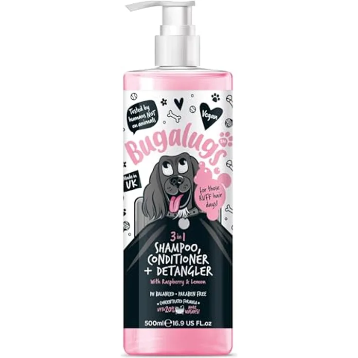 Bugalugs Hundeshampoo 3in1 mit Conditioner und Entwirrer, 500 ml, pH-neutral, vegan, mit Himbeer- und Zitronenduft, für alle Hunderassen