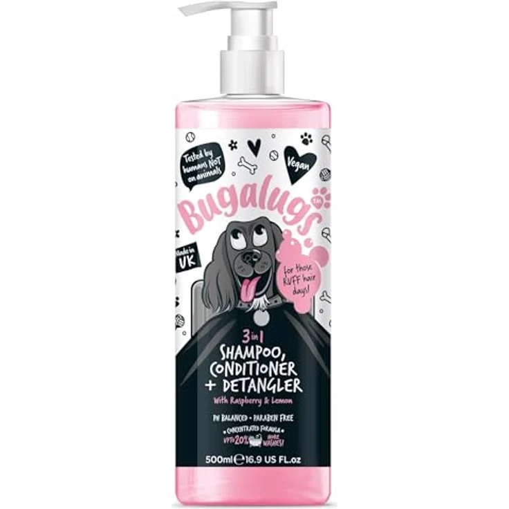 Bugalugs Hundeshampoo 3in1 mit Conditioner und Entwirrer, 500 ml, pH-neutral, vegan, mit Himbeer- und Zitronenduft, für alle Hunderassen – Bild 1