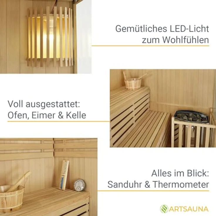 Artsauna Saunakabine Espoo150 Premium mit Harvia Ofen — 3 Personen — Hemlock Holz, Glasfront und LED Licht — Inkl. Thermometer & Sanduhr —Komplett Set – Bild 5