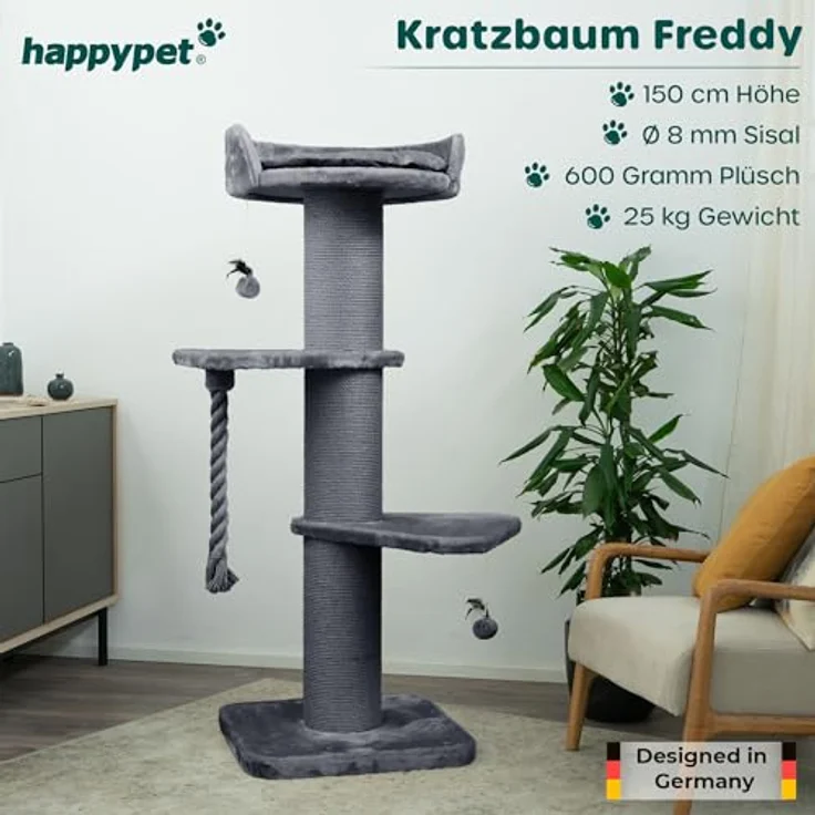 HAPPYPET Premium Kratzbaum Grosse Katzen Stabil 'Freddy' – Katzenbaum, Kletterbaum, für Maine Coon, Natursisal, Dicke Stämme mit 20 cm, 150 cm Hoch, Grau - Preisvergleich – Bild 2
