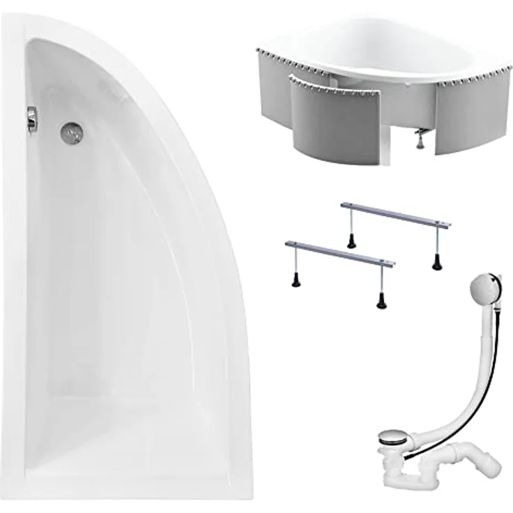 KOLMAN Badewanne PRAKTIKA Eckbadewanne 140x70 Links mit Styroporverkleidung, Ablaufgarnitur und Füßen Komplettset 4in1 Premium Original Acryl Wanne Siphon, reinweiß – Bild 1