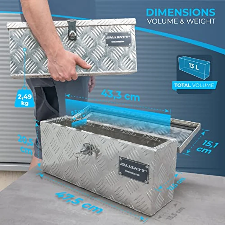HASKYY Aluminium Box 485x140x200 mm, inkl. 2 Spanngurte mit Ratsche 5m*27mm, Diebstahlschutz, schwarze Handschuhe, Werkzeugkoffer – Bild 2