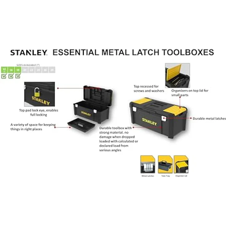 Stanley Werkzeugbox - Werkzeugkasten (16'', 20x19,5x41cm, Werkzeugkoffer mit Metallschließen, stabiler Organizer aus Kunststoff für diverse Werkzeuge, Koffer mit entnehmbarer Trage) STST1-75518 – Bild 6