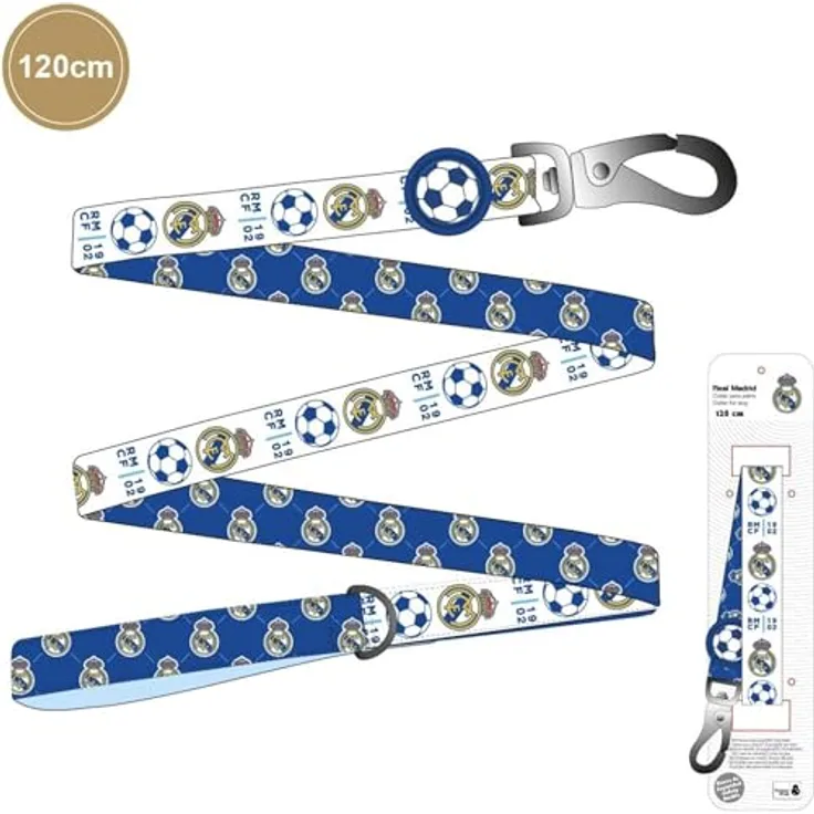 CERDÁ LIFE'S LITTLE MOMENTS Offizielle M Real Madrid Hundeleine – robuste Nylonleine mit gepolstertem Griff und sicherem Metallkarabiner für mittelgroße Hunde