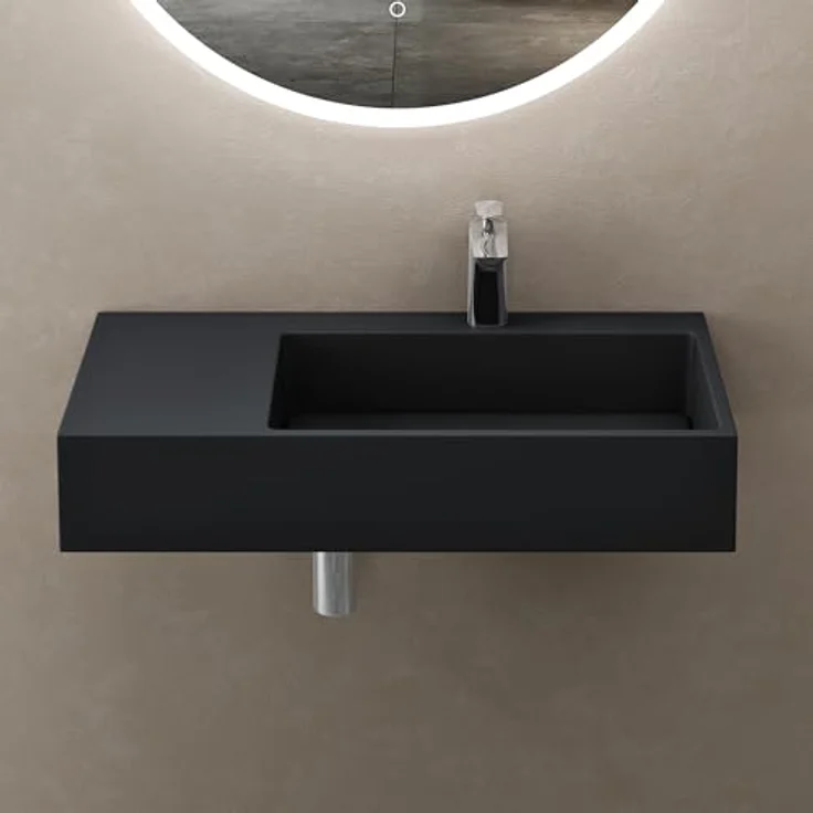 doporro Design Waschbecken 75x43x14 cm mit verstecktem Ablauf Colossum12-Rechts in matt Anthrazit aus Mineralguss, Hängewaschbecken und Aufsatzwaschbecken, Eckig, DIN Anschlüsse, Ablaufabdeckung entfernbar – Bild 4