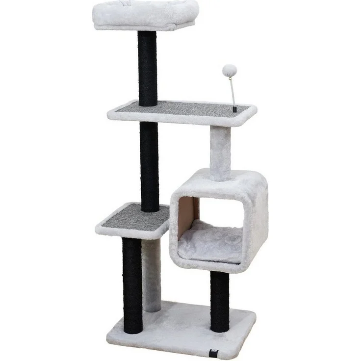 Europet-Bernina Kratzbaum Nevada, grau, mit Sisal- und Teppich-Kratzmöglichkeiten, Katzenhaus und Spielball – Bild 1