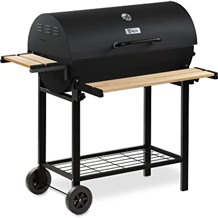 BBQ-Toro Holzkohle Grillwagen mit Deckel | Ø 80 x (L) 42 cm | Premium Holzkohlegrillwagen fahrbar, inkl. Thermometer, Warmhalterost, Holz Ablagen | Smoker, Holzkohlegrill, Barbecue Grill (BBQ13) – Bild 4