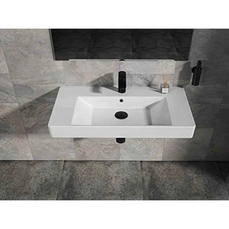 Aqua Bagno Universal Waschbecken mit Ablage, Keramikwaschbecken in Weiß, hängend, 80 cm breit – Bild 4