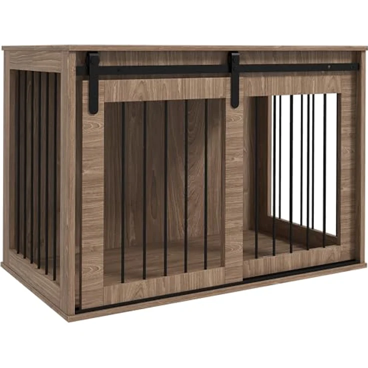 PawHut Hundekäfig Hundebox mit Schiebetür, Hundehütte Indoor mit Holzoptik, Verriegelung, Hundehaus für große Hunde bis 30 kg, Walnuss – Bild 1