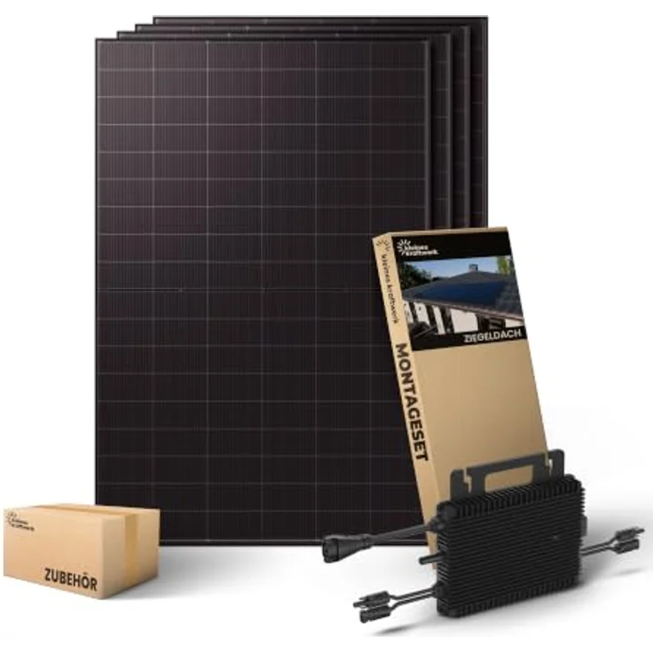 Kleines Kraftwerk Quattro XL 2000Wp Balkonkraftwerk mit Ziegeldach-Halterung, 800W Wechselrichter mit WiFi & Bluetooth, 4x500W bifaziale Solarmodule, 5 m Kabel – Bild 1