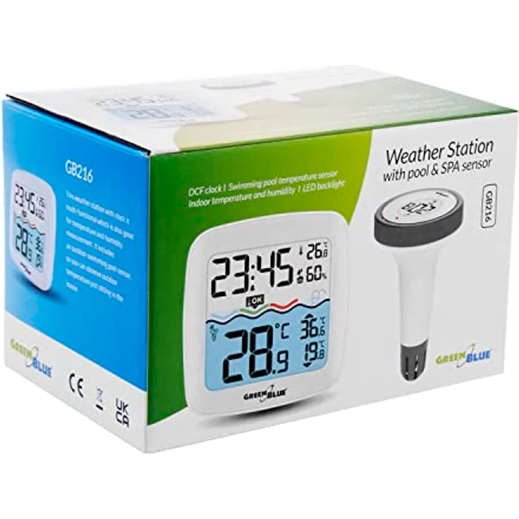 Greenblue GB216 Poolthermometer mit Wetterstation, DCF, kabelloser Wassertemperatursensor, Weiss, Grau – Bild 8