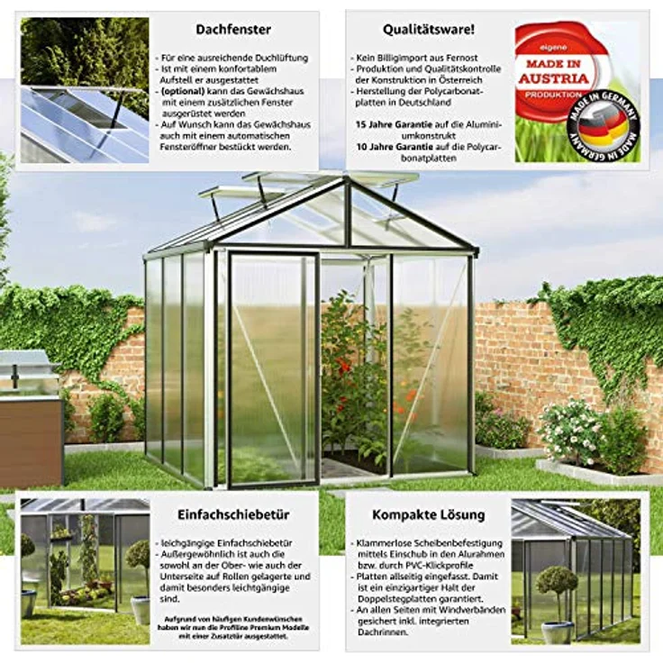 GFP Gewächshaus Diamas 21 Light 235x235 cm mit integriertem Fundament 12 mm Doppelstegplatten, Farbe Aluminium Natur - Made in Austria – Bild 4