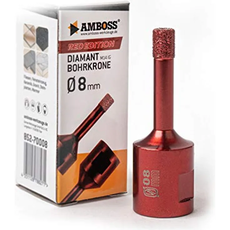 Amboss RED EDITION M14 Diamant Bohrkrone - für Winkelschleifer - Feinsteinzeug, harte Fliesen, Granit/Die ideale Trockenbohrkrone (Ø 8 mm)