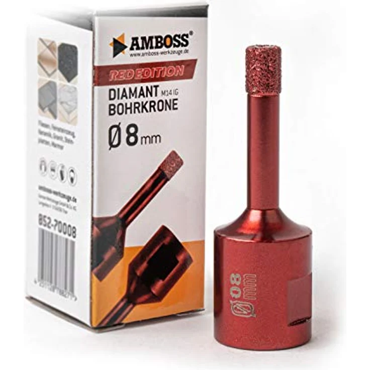 Amboss RED EDITION M14 Diamant Bohrkrone - für Winkelschleifer - Feinsteinzeug, harte Fliesen, Granit/Die ideale Trockenbohrkrone (Ø 8 mm) – Bild 1