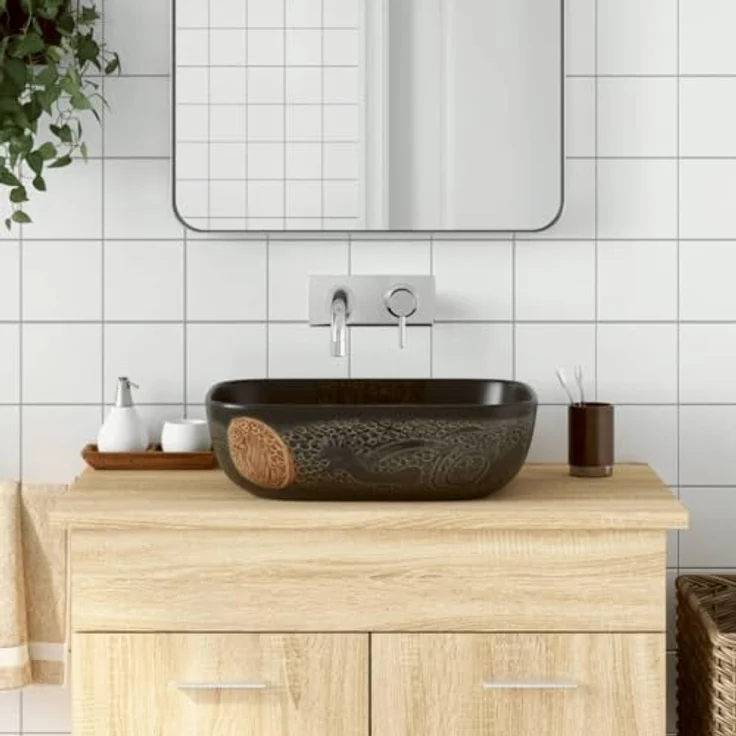 vidaXL Aufsatzwaschbecken, Schwarz, Handgefertigt aus Keramik, Vintage-Stil Eleganz – Bild 2