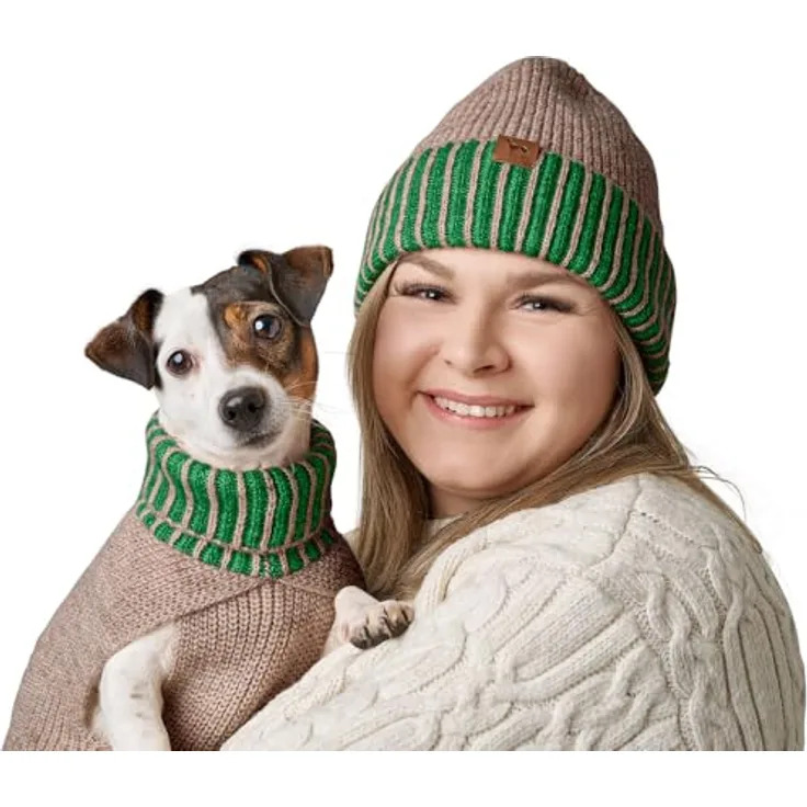 HUNTER Hundepullover Odense mit Mütze (Set) beige/grün, Größe 25 - Warmes Strickpullover- und Mützenset, recyceltes Polyester, waschbar bei 30 °C