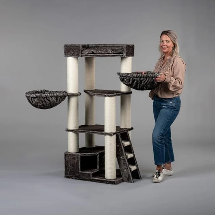 RHRQUALITY kratzbaum Grosse Katzen stabil XXL Corner Coon (Taupe) - Stabiler und solider XXL Kratzbaum für große und schwere Katzen mit 12 cm Sisalstämmen, mit langlebigem 600 Gramm Plüsch, geeignet für Maine Coons und Ragdolls, mit Ersatzteilen verfügbar