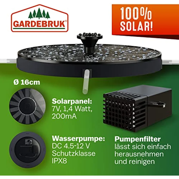 Gardebruk Solar Springbrunnen 7 Effekte 180L-h Solarpanel 160mm 1,4 Watt Garten Wasserspiel Gartenbrunnen Wasserpumpe Teichpumpe Solarbrunnen Fontäne – Bild 4