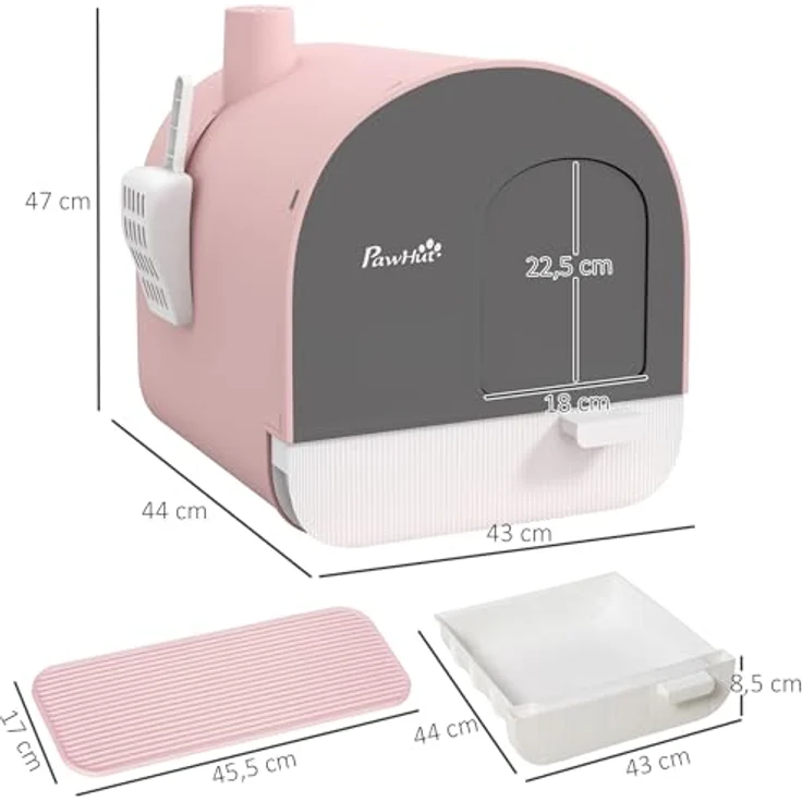 PawHut Katzentoilette mit Haube für Katzen bis 5 kg - Rosa, inkl. Schaufel und Schmutzfangmatte – Bild 5