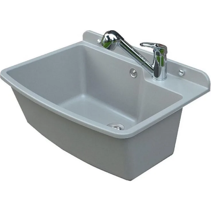 QLS Waschbecken, Ausgussbecken Spülbecken mit Armatur Draußen Grau 61x44x23 cm, Wirtschaftsbecken aus Polystyrol, UV-beständig, mit ausziehbarem Auslauf
