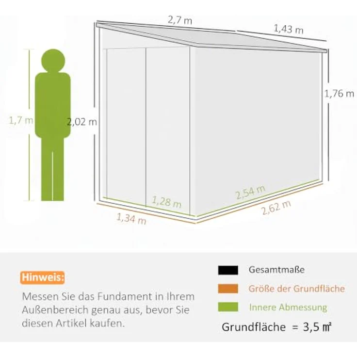 Outsunny Metall Gerätehaus 3,5 m², Geräteschuppen mit Pultdach und Doppelschiebetür, dunkelgrau – Bild 8